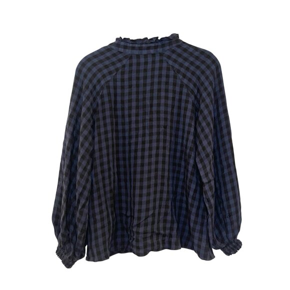 CABI Aberdeen Navy Black Plaid Button Up Shirt Ruffled Long Sleeve Women's Small - Picture 3 of 7